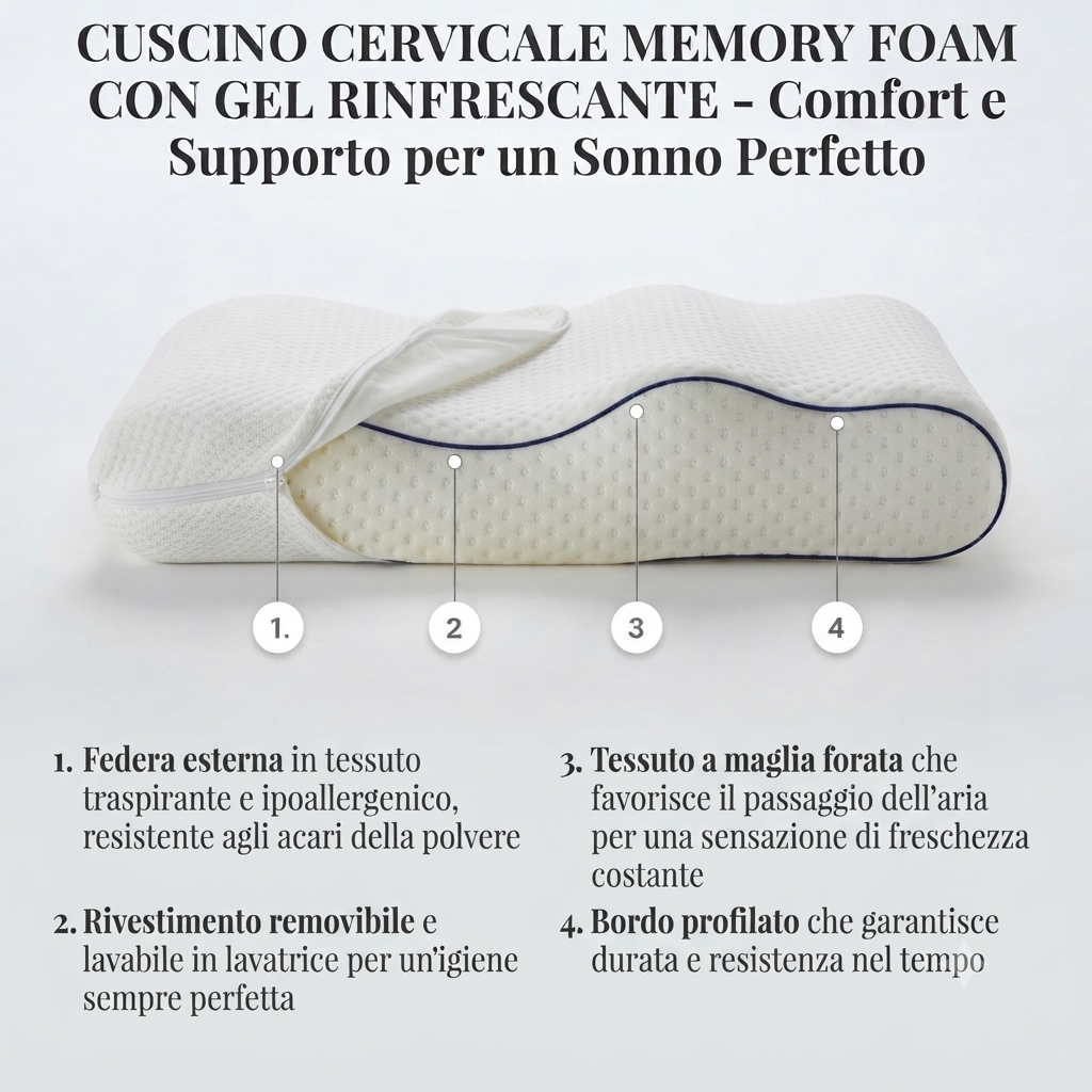 Cuscino Memory Foam Ergonomico con Gel Rinfrescante - Supporto Cervicale Anti Torcicollo