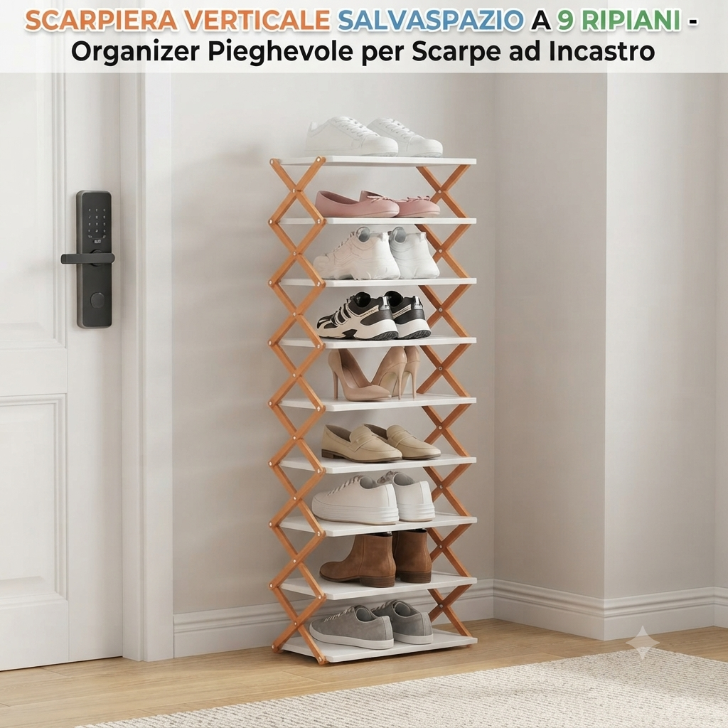 Scarpiera Pieghevole Verticale 9 Ripiani - Organizer Scarpe Salvaspazio per Angoli e Corridoi