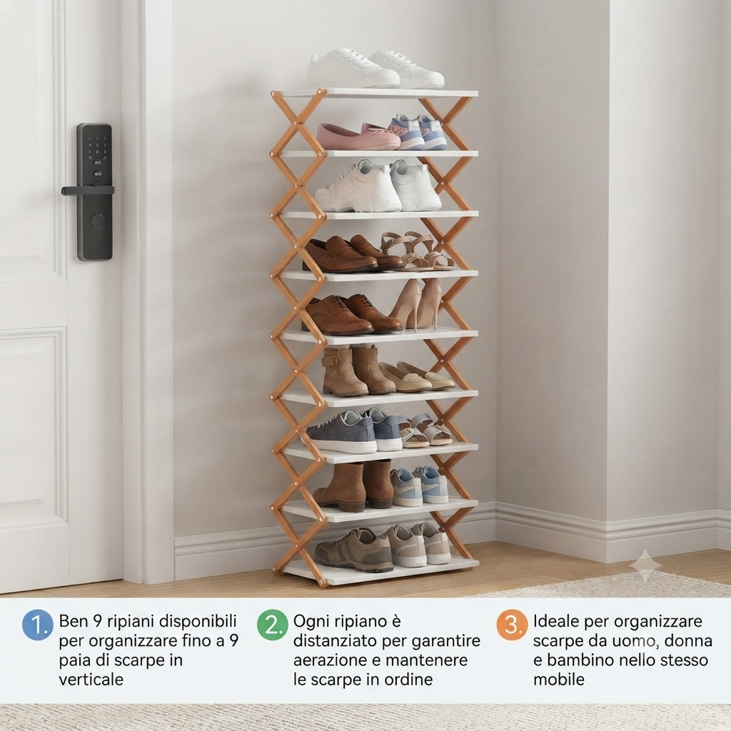 Scarpiera Pieghevole Verticale 9 Ripiani - Organizer Scarpe Salvaspazio per Angoli e Corridoi