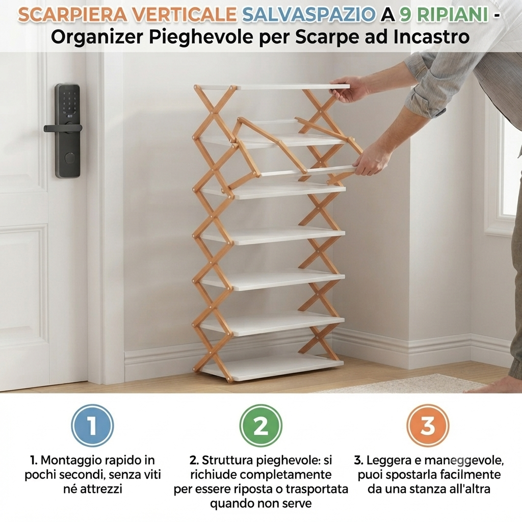 Scarpiera Pieghevole Verticale 9 Ripiani - Organizer Scarpe Salvaspazio per Angoli e Corridoi