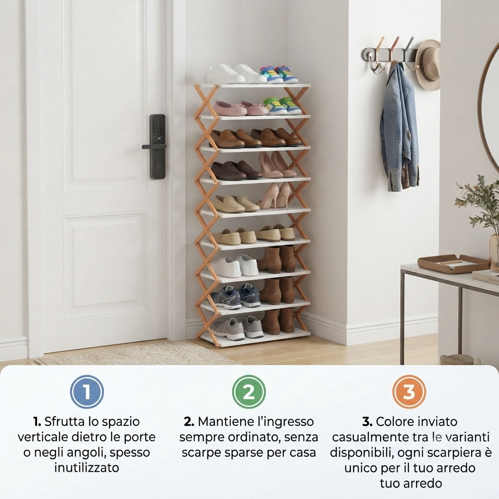 Scarpiera Pieghevole Verticale 9 Ripiani - Organizer Scarpe Salvaspazio per Angoli e Corridoi