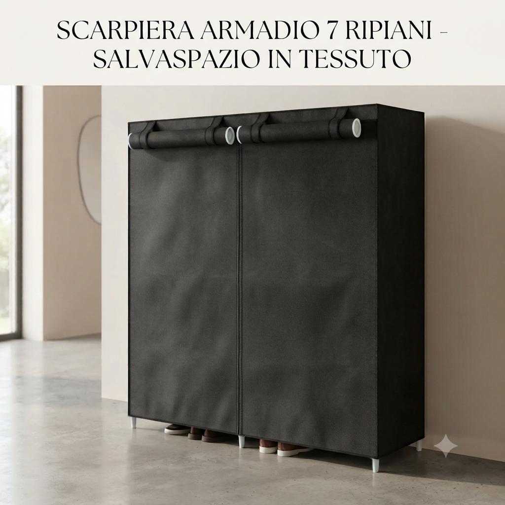 Scarpiera Armadio 7 Ripiani Doppia Colonna in Tessuto - Salvaspazio Impermeabile per Scarpe, Nero/Grigio