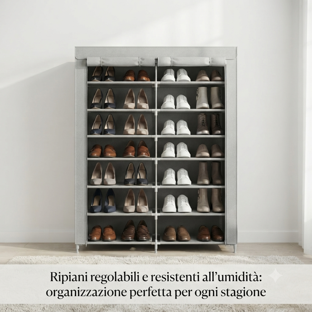 Meuble à chaussures 7 étagères double colonne en tissu - Gain de place, imperméable, noir/gris