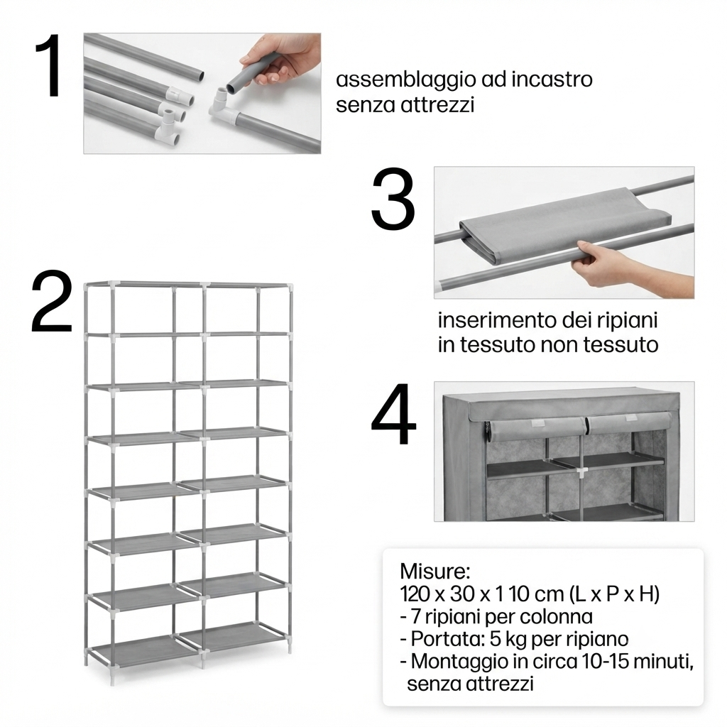 Scarpiera Armadio 7 Ripiani Doppia Colonna in Tessuto - Salvaspazio Impermeabile per Scarpe, Nero/Grigio