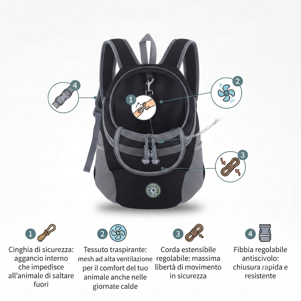 Sac à Dos Porte-Chien – Sac de Transport pour Chiens de Petite et Moyenne Taille, Respirant et Réglable avec Bandes Réfléchissantes de Sécurité
