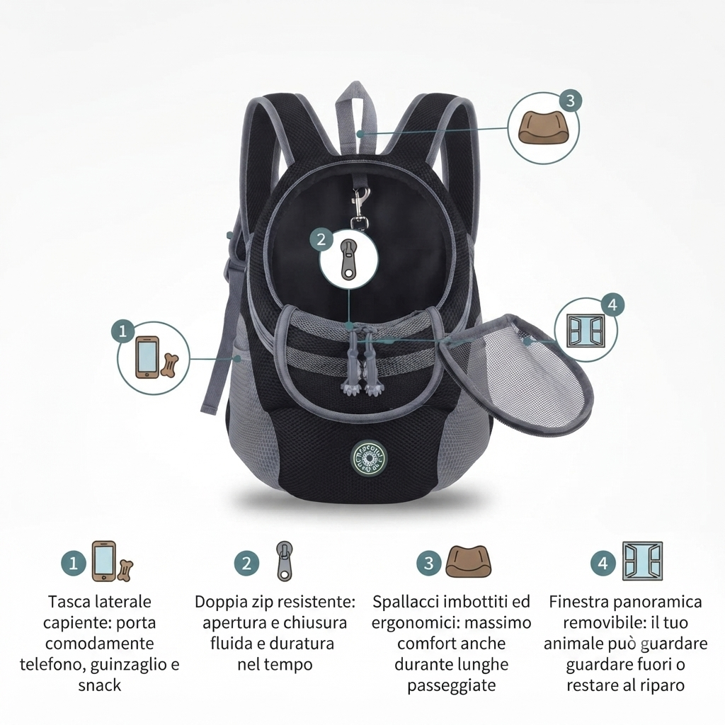 Sac à Dos Porte-Chien – Sac de Transport pour Chiens de Petite et Moyenne Taille, Respirant et Réglable avec Bandes Réfléchissantes de Sécurité