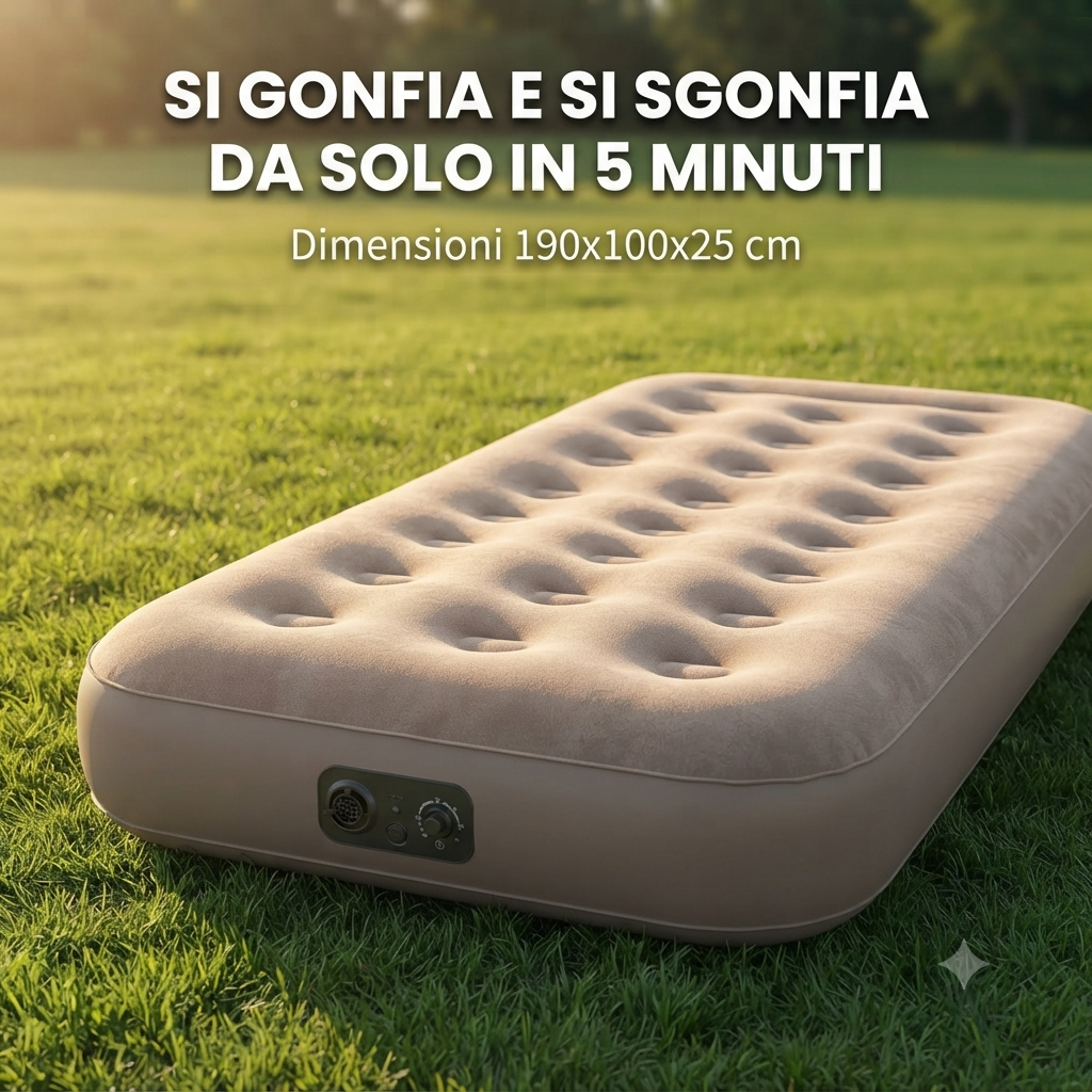 Materasso Gonfiabile Autogonfiante 190x100x25 cm - Pompa Elettrica Integrata gonfia e sgonfia in 5 minuti