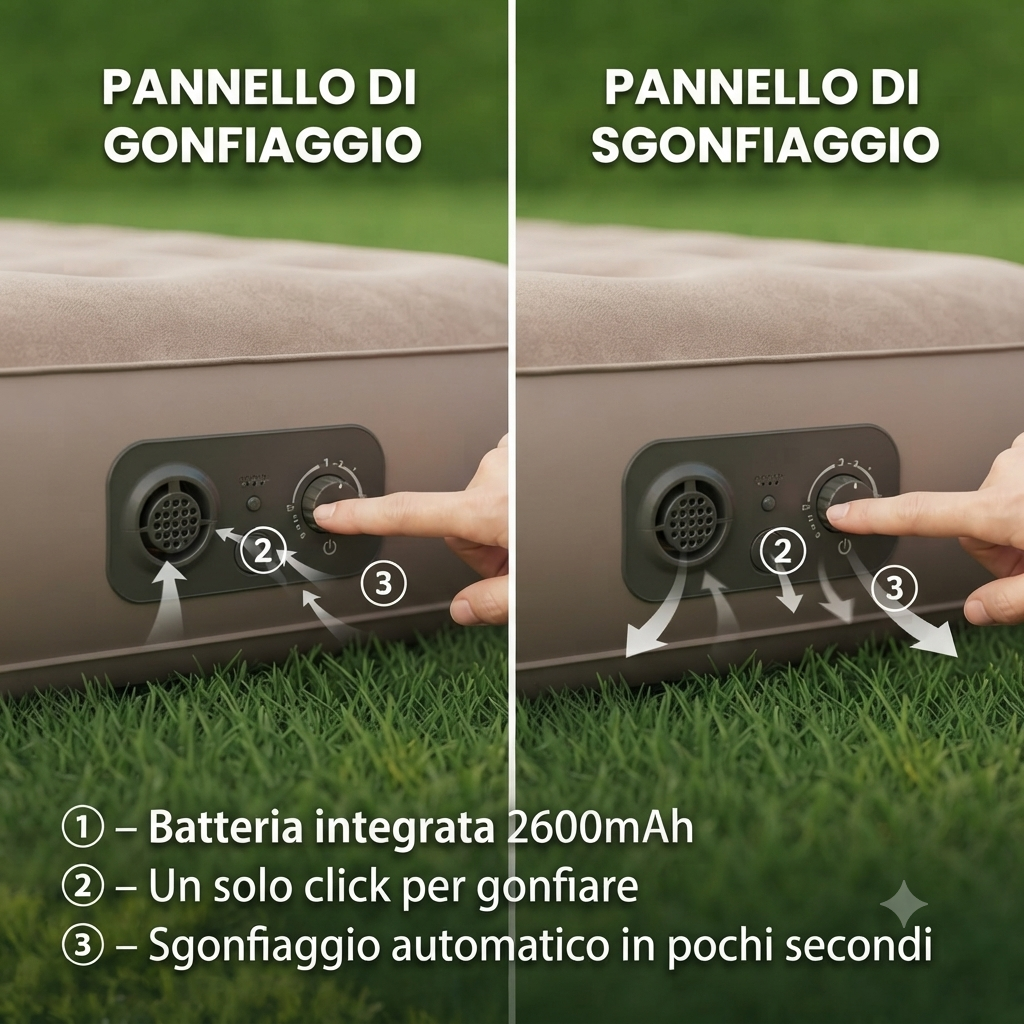 Materasso Gonfiabile Autogonfiante 190x100x25 cm - Pompa Elettrica Integrata gonfia e sgonfia in 5 minuti