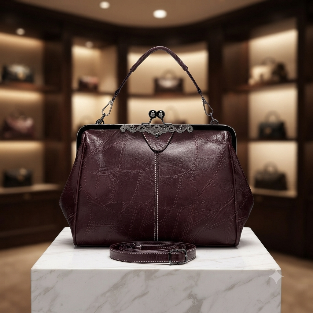 Vintage Damen-Handtasche aus Leder mit Klickverschluss – elegante Umhängetasche mit Stepp-Effekt