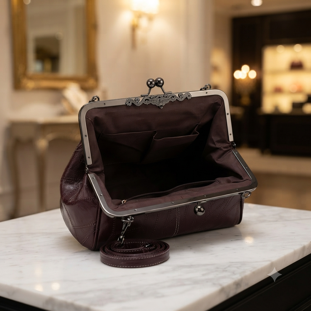 Borsa a Mano Donna Vintage in Pelle con Chiusura Clic-Clac – Borsa Tracolla Elegante Effetto Trapuntato