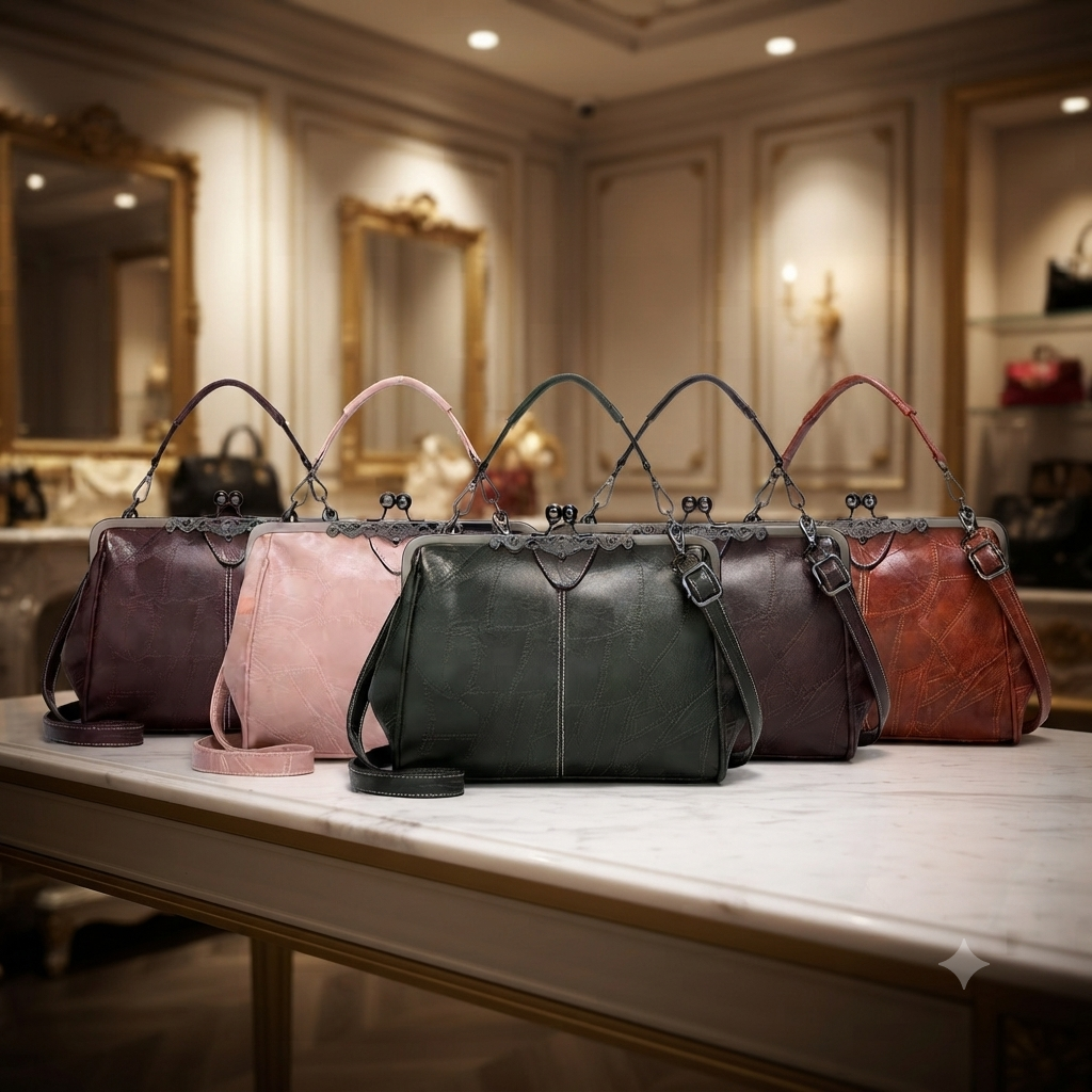 Borsa a Mano Donna Vintage in Pelle con Chiusura Clic-Clac – Borsa Tracolla Elegante Effetto Trapuntato