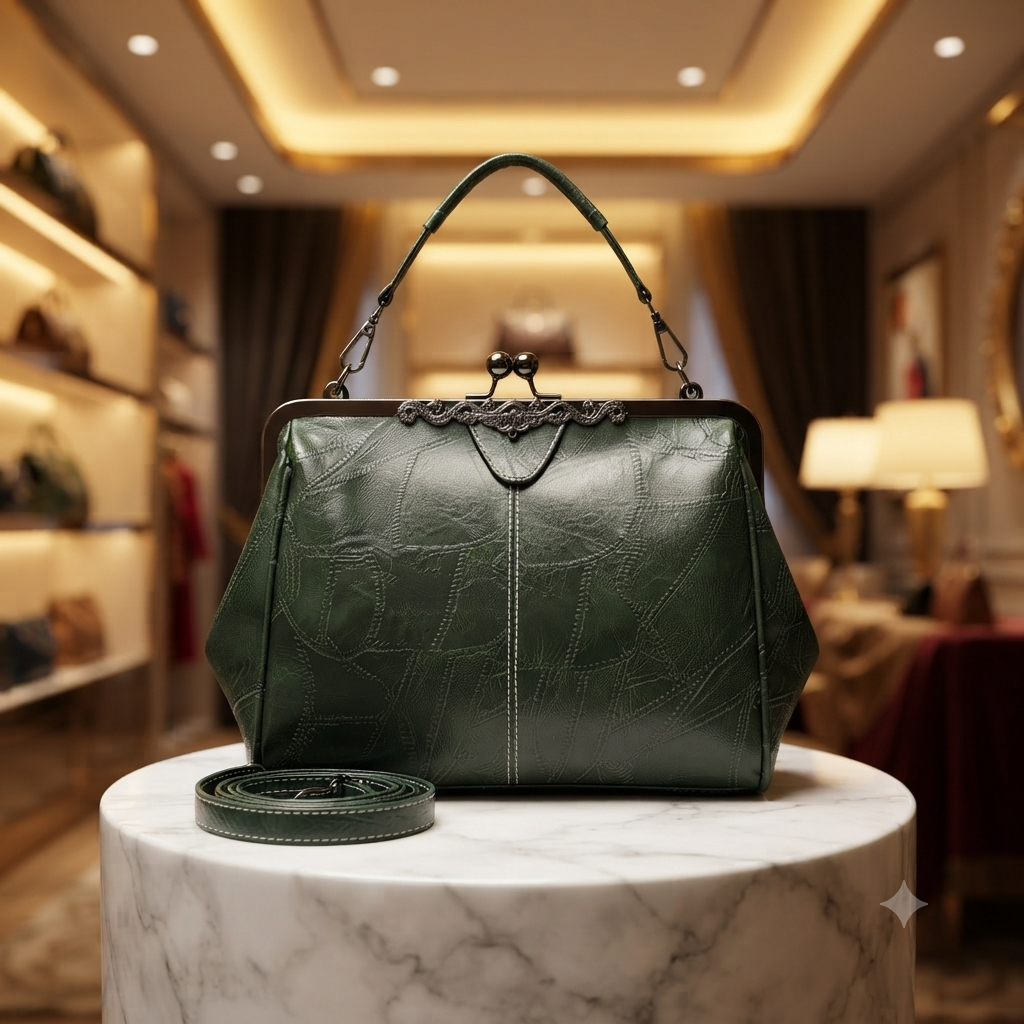 Vintage Damen-Handtasche aus Leder mit Klickverschluss – elegante Umhängetasche mit Stepp-Effekt
