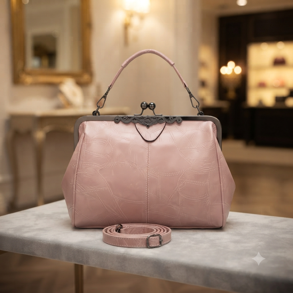 Vintage Damen-Handtasche aus Leder mit Klickverschluss – elegante Umhängetasche mit Stepp-Effekt