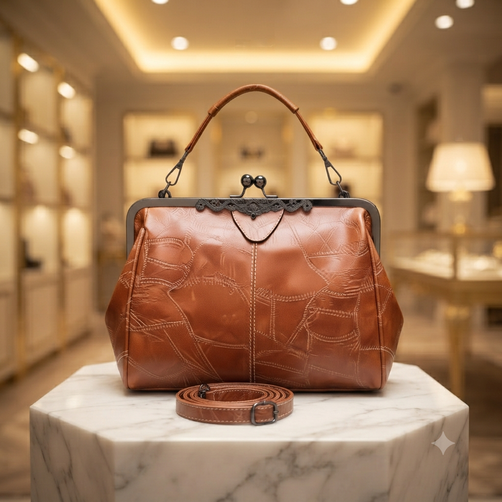 Vintage Damen-Handtasche aus Leder mit Klickverschluss – elegante Umhängetasche mit Stepp-Effekt