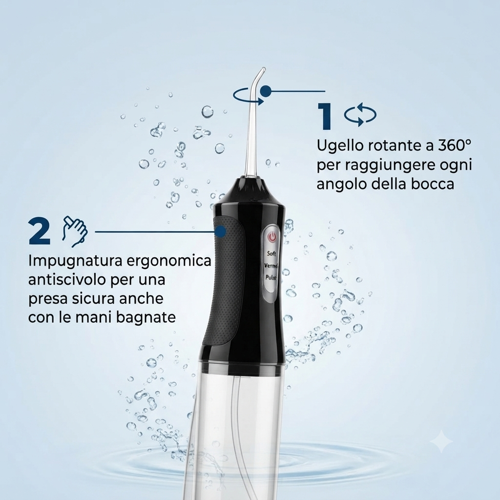 Idropulsore Orale Portatile Wireless – 4 Ugelli, 3 Modalità, Ricarica USB, Serbatoio 230ml
