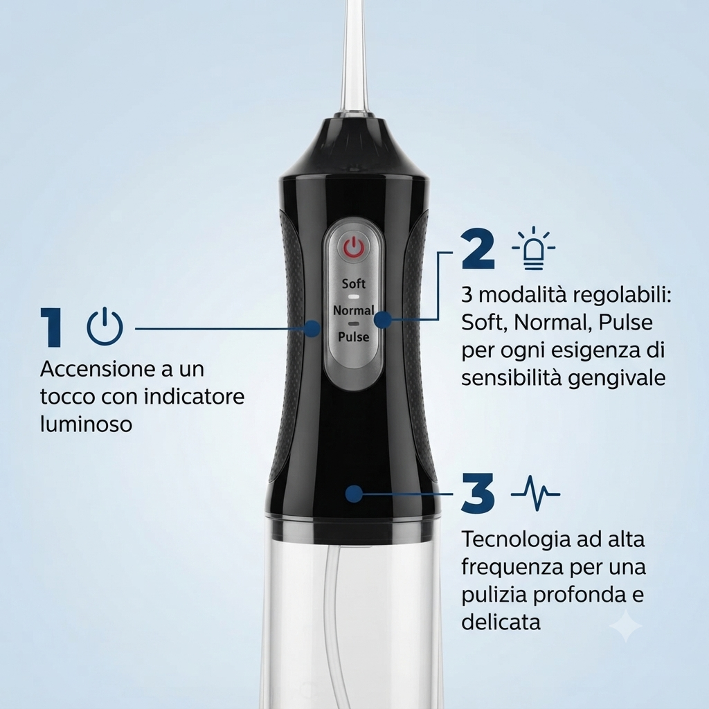 Idropulsore Orale Portatile Wireless – 4 Ugelli, 3 Modalità, Ricarica USB, Serbatoio 230ml