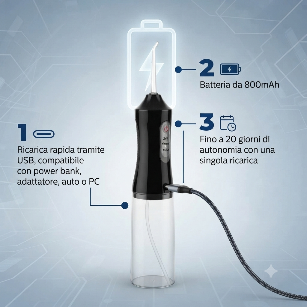Idropulsore Orale Portatile Wireless – 4 Ugelli, 3 Modalità, Ricarica USB, Serbatoio 230ml