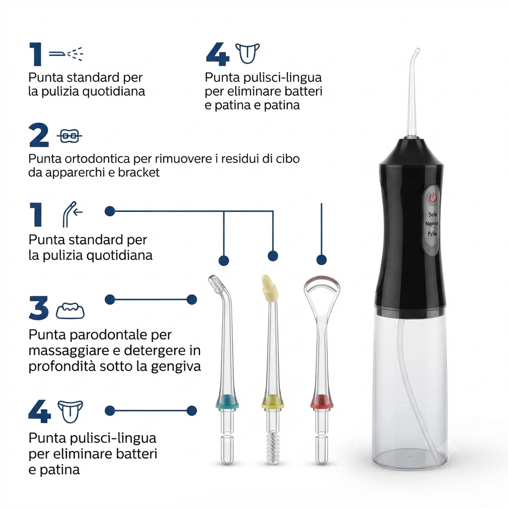 Idropulsore Orale Portatile Wireless – 4 Ugelli, 3 Modalità, Ricarica USB, Serbatoio 230ml