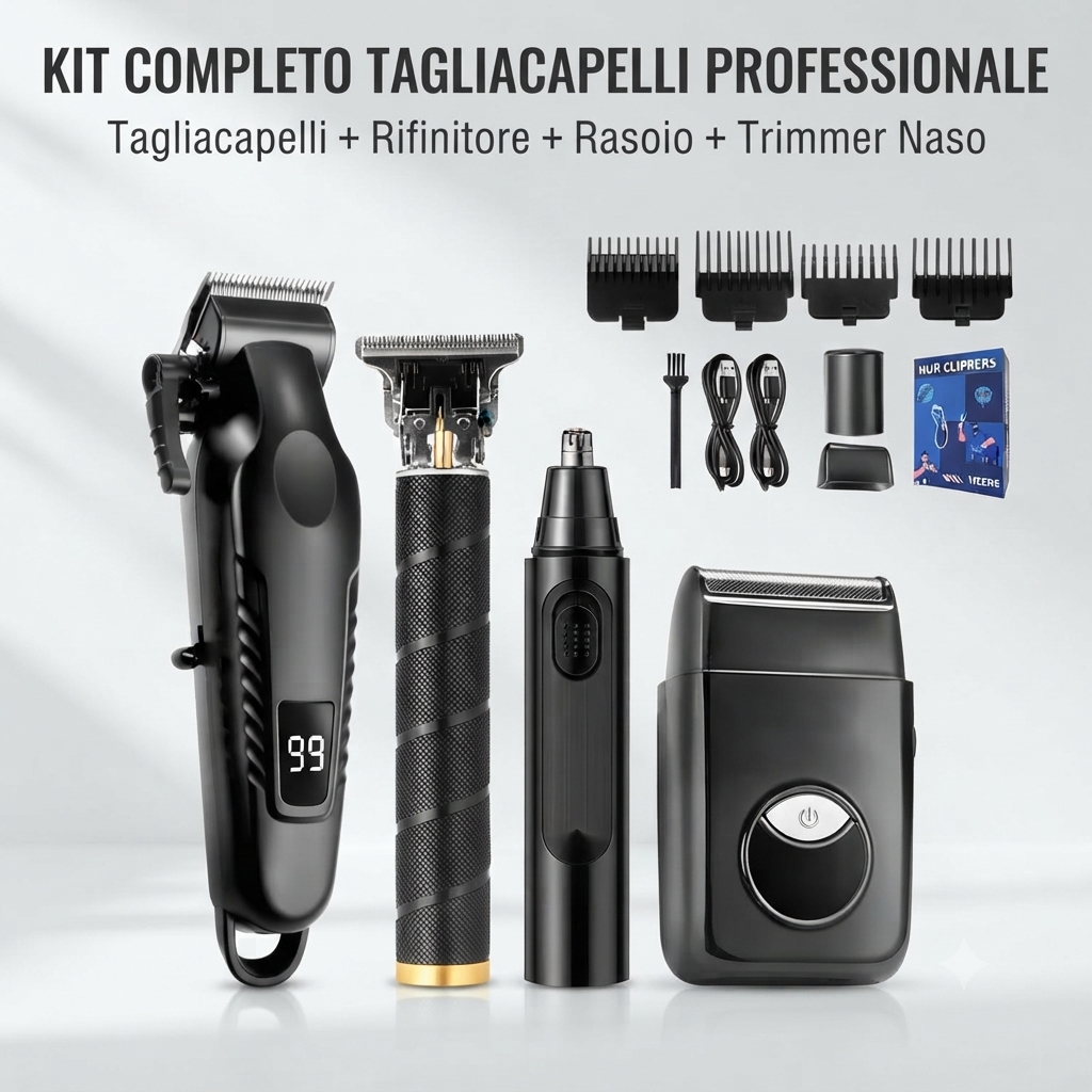 Kit Tondeuse Cheveux Professionnelle 4 en 1 - Tondeuse Barbe et Cheveux Sans Fil + Tondeuse de Finition T9 + Rasoir Électrique + Tondeuse Nez, Rechargeable USB