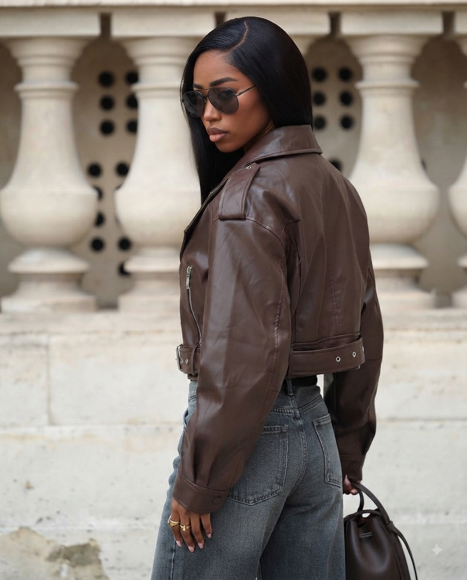 Giacca corta da donna in ecopelle Modello vintage oversize e largo con cintura