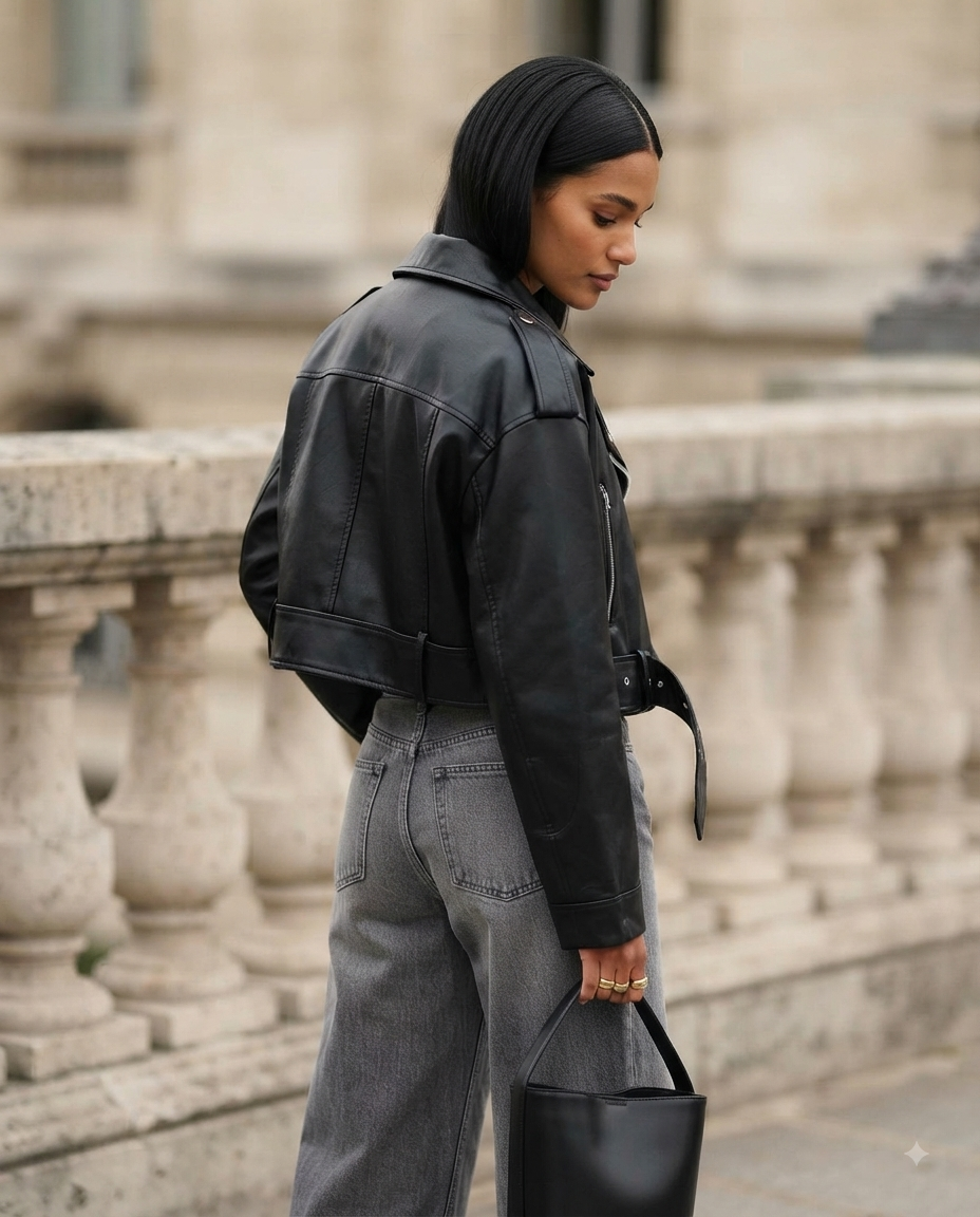 Giacca corta da donna in ecopelle Modello vintage oversize e largo con cintura