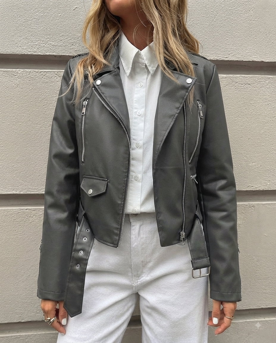 Giacca da donna in ecopelle nera stile Moto Biker – Collezione Primaverile con cintura e cerniera