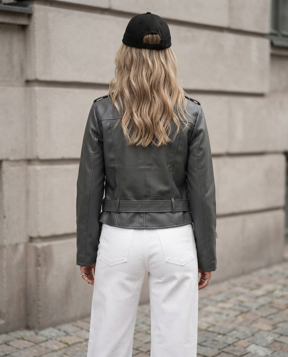 Giacca da donna in ecopelle nera stile Moto Biker – Collezione Primaverile con cintura e cerniera