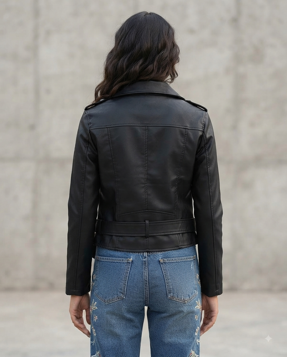 Damenjacke aus schwarzem Kunstleder im Moto Biker Stil – Frühlingskollektion mit Gürtel und Reißverschluss