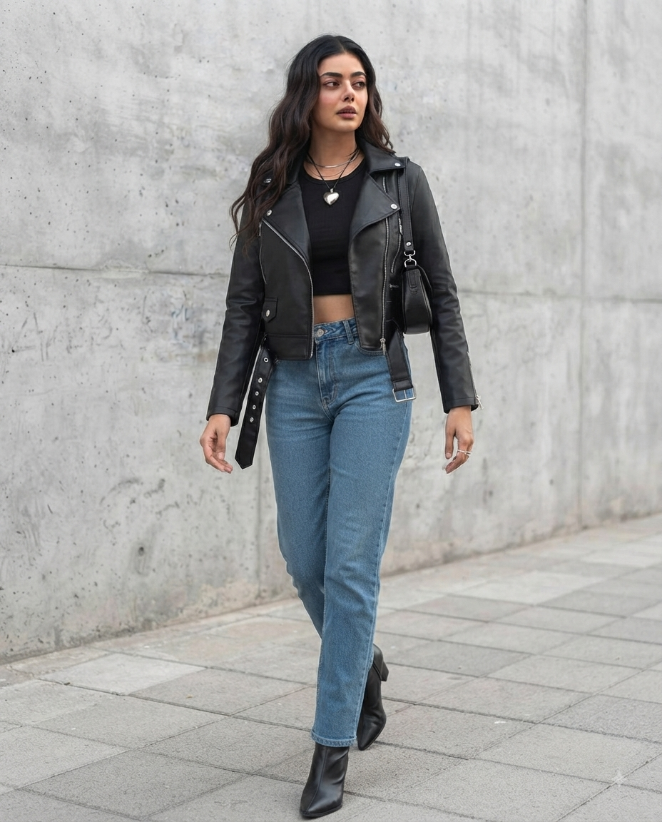 Damenjacke aus schwarzem Kunstleder im Moto Biker Stil – Frühlingskollektion mit Gürtel und Reißverschluss