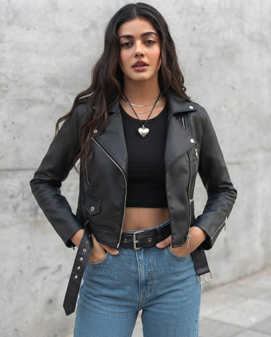 Damenjacke aus schwarzem Kunstleder im Moto Biker Stil – Frühlingskollektion mit Gürtel und Reißverschluss