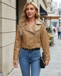 Veste motard femme en similicuir avec col à revers, collection printemps