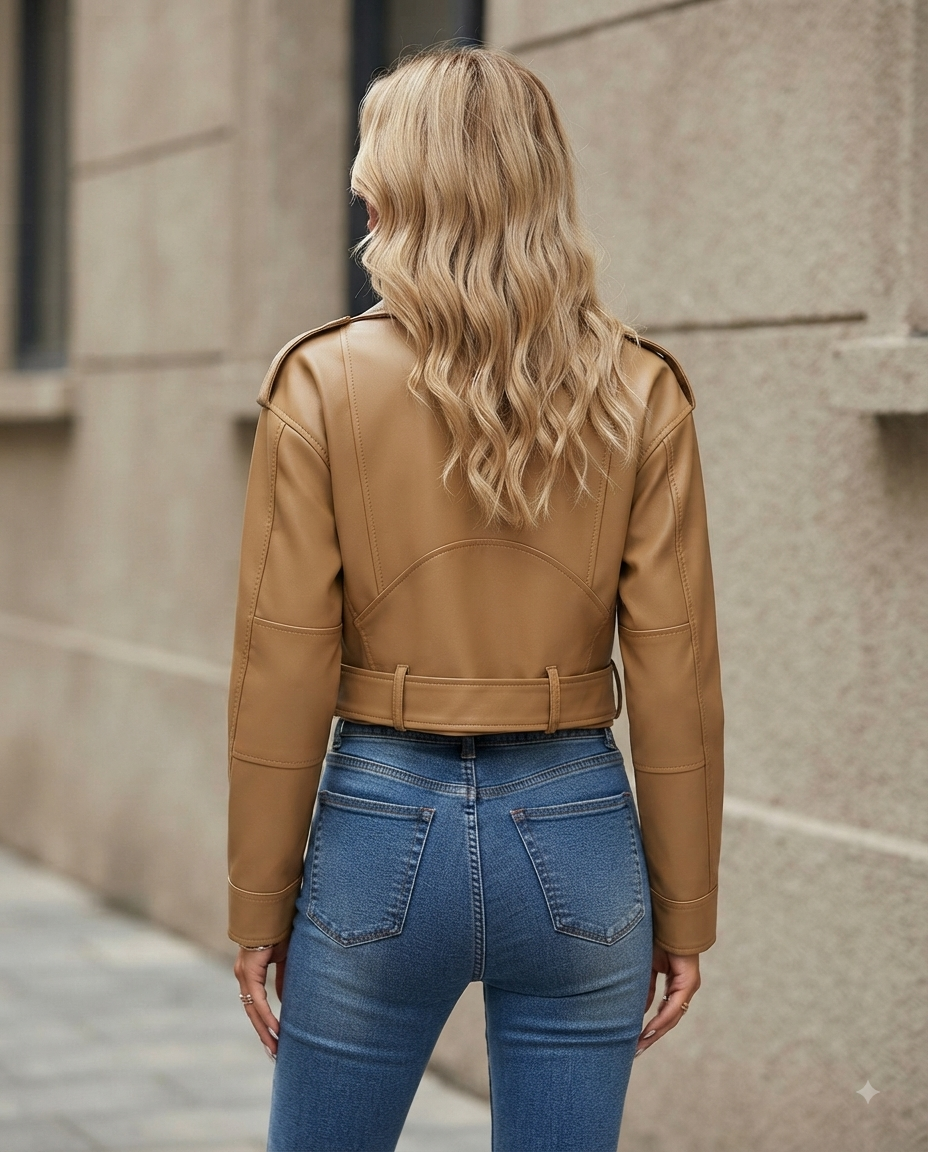 Veste motard femme en similicuir avec col à revers, collection printemps