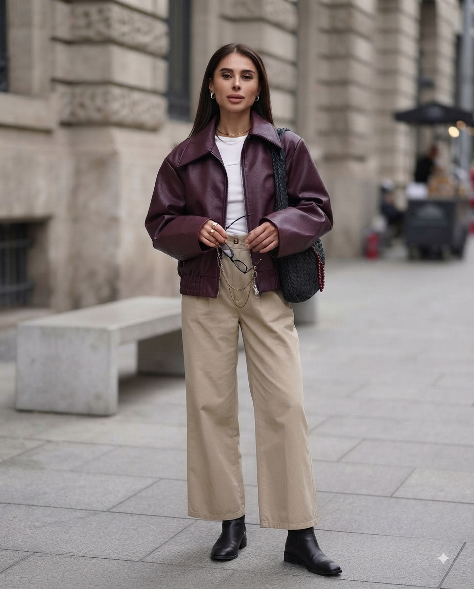 Blouson en similicuir bordeaux zippé avec col à revers
