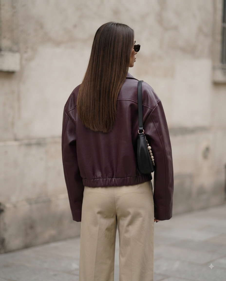 Blouson en similicuir bordeaux zippé avec col à revers