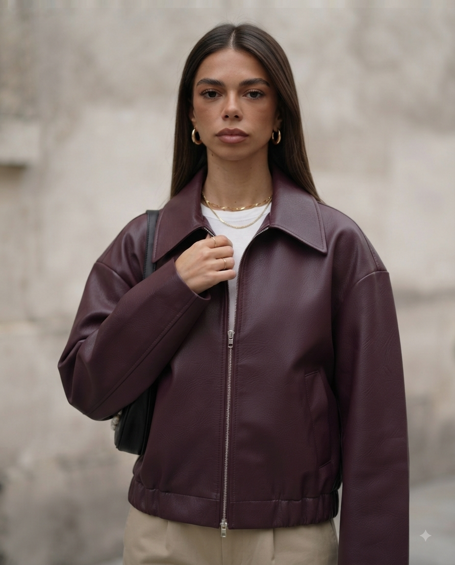 Blouson en similicuir bordeaux zippé avec col à revers