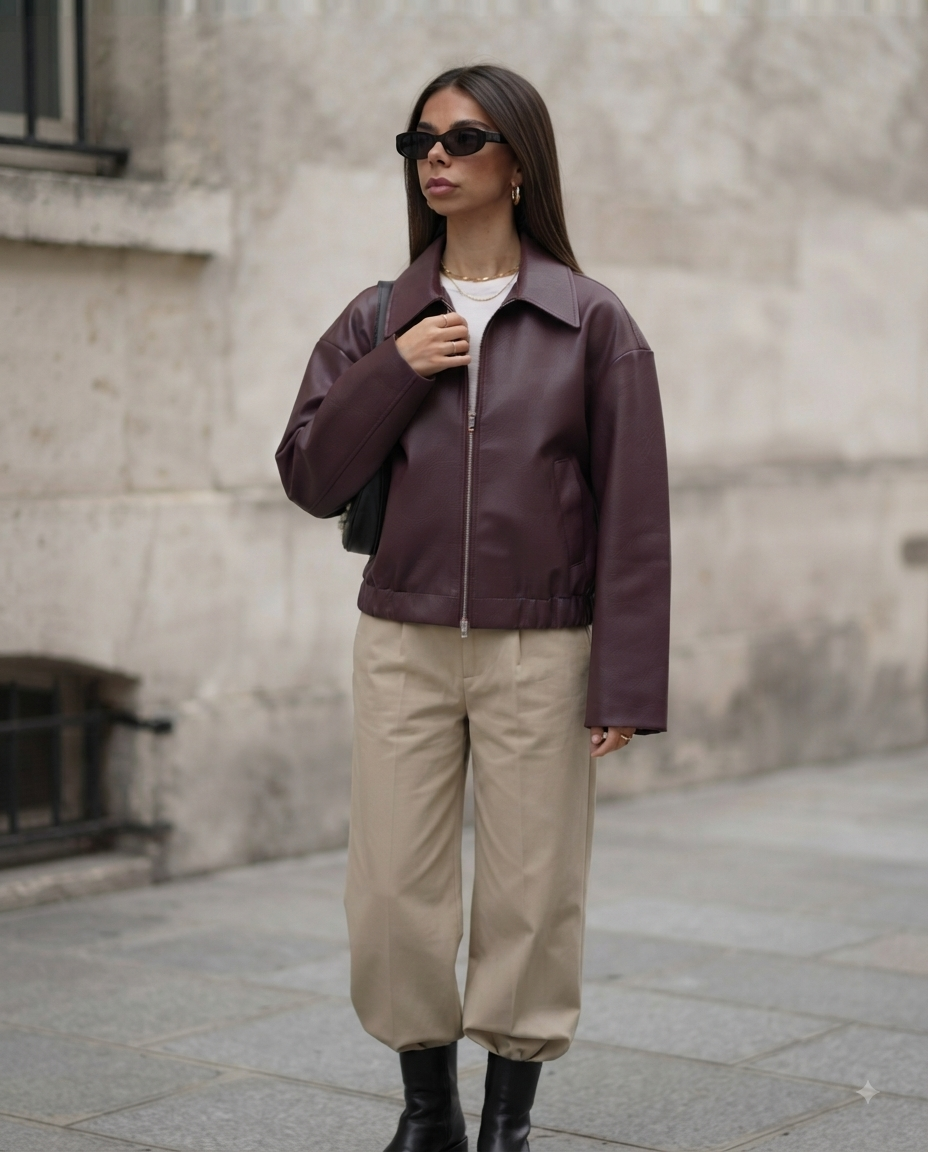 Blouson en similicuir bordeaux zippé avec col à revers