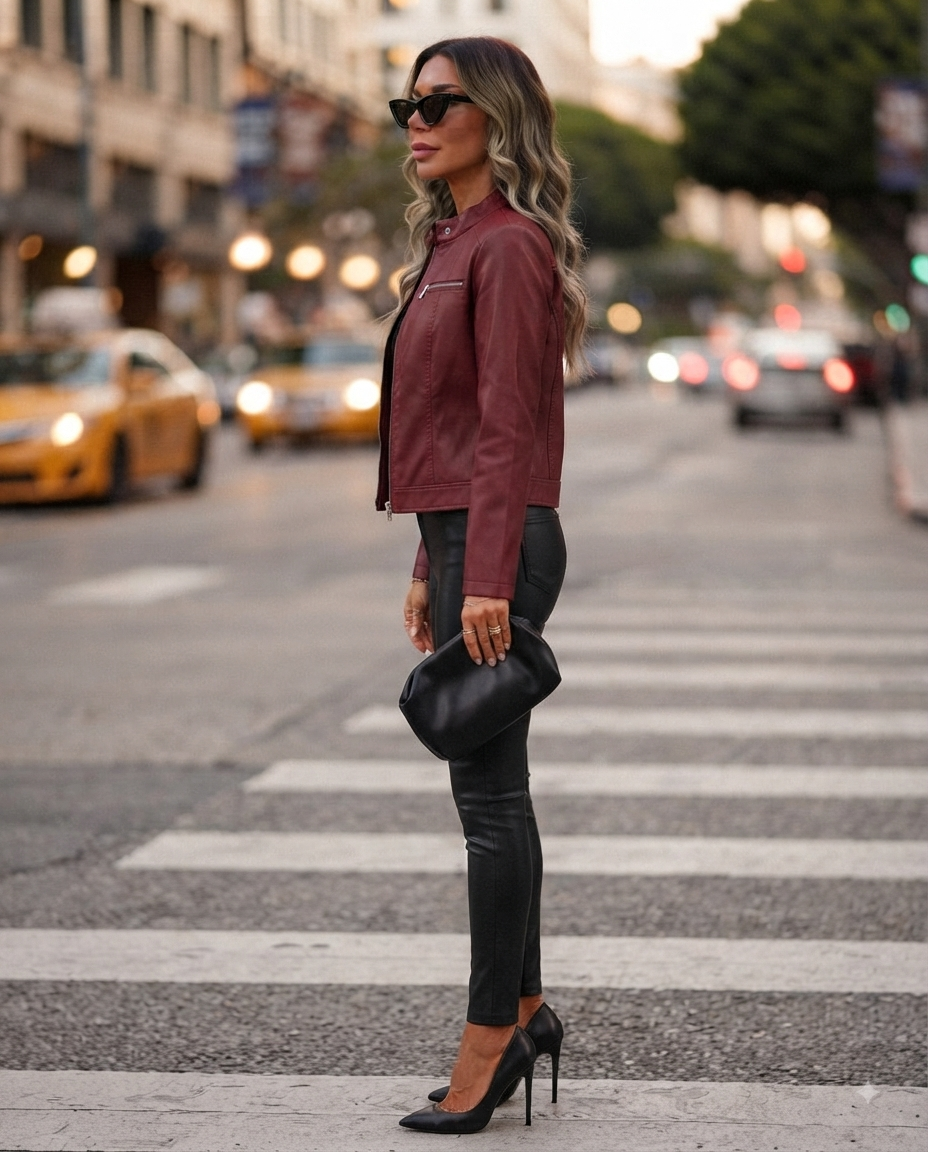 Giacca in Ecopelle Rosso Bordeaux con Collo Coreana - Giubbotto Donna Aderente