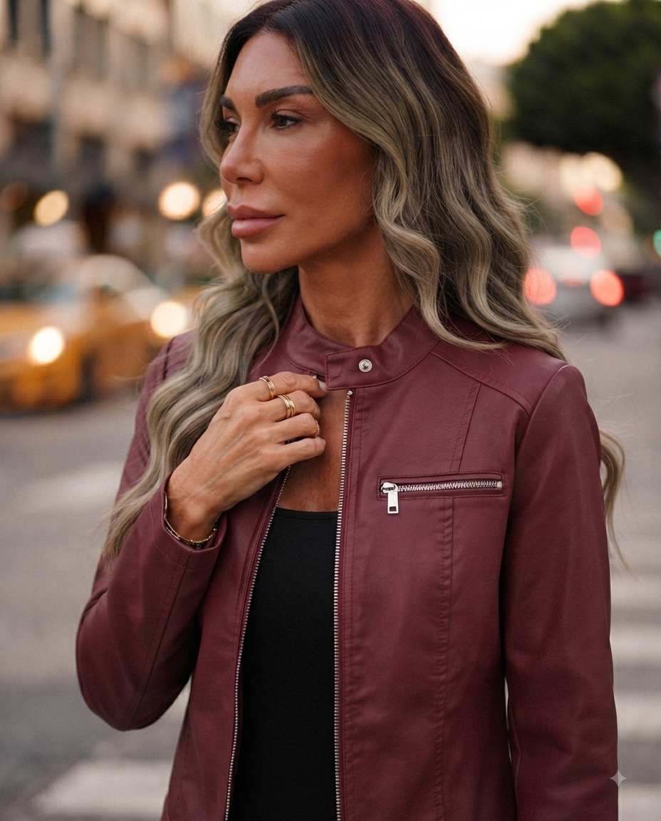 Giacca in Ecopelle Rosso Bordeaux con Collo Coreana - Giubbotto Donna Aderente