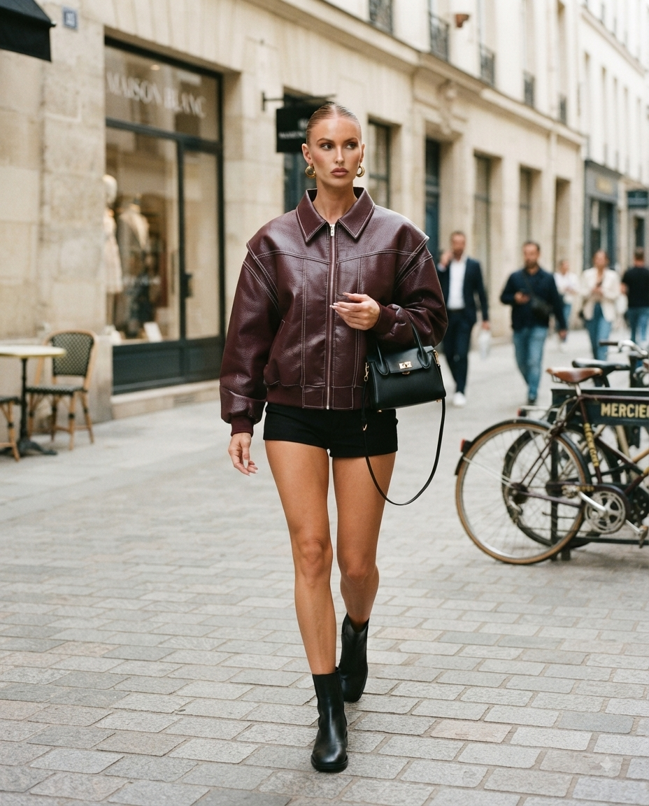 Giacca Bomber Donna Oversize Effetto Pelle - Giubbotto Ampio Cuciture Bianche