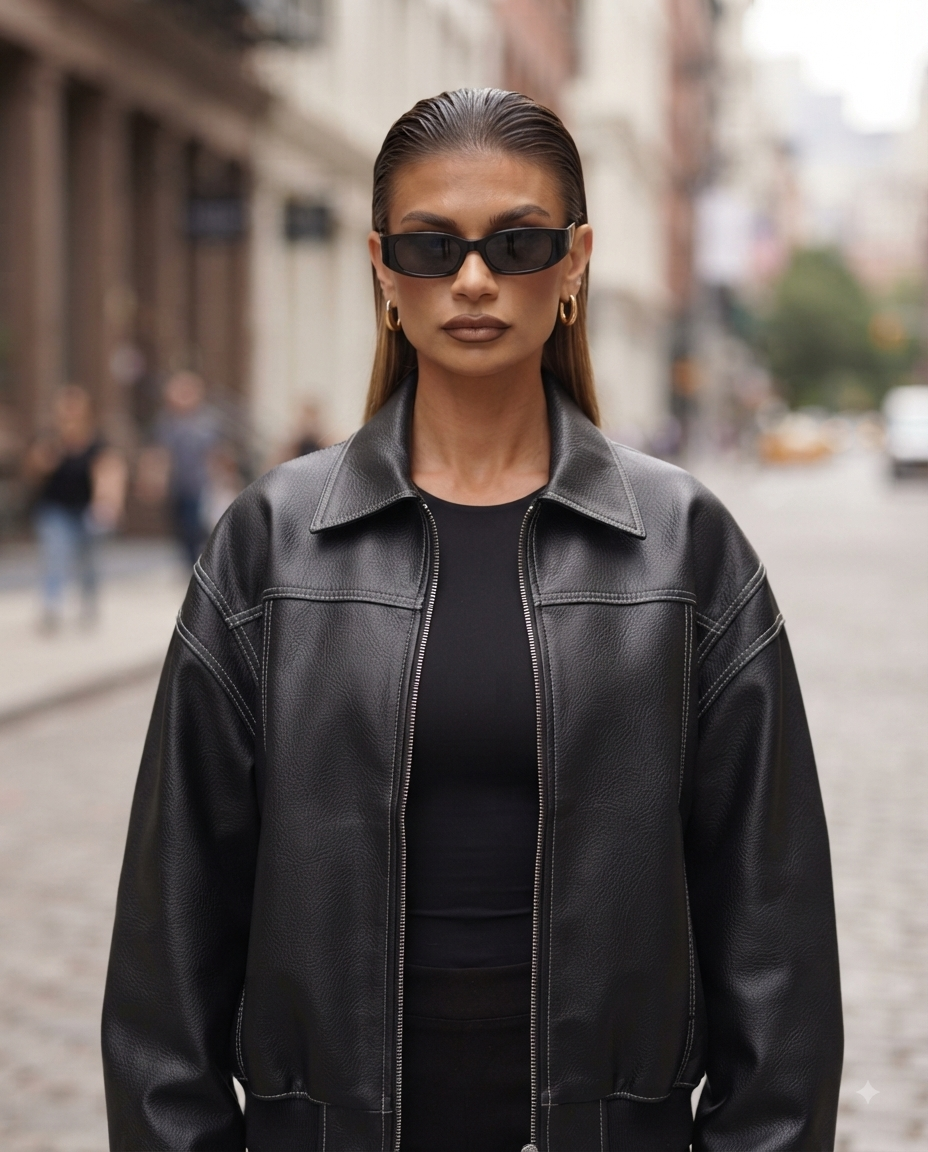 Giacca Bomber Donna Oversize Effetto Pelle - Giubbotto Ampio Cuciture Bianche