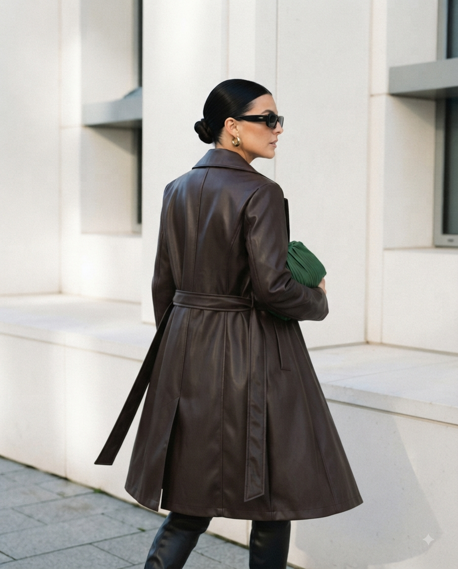 Trench long ceinturé en similicuir - Manteau femme taille cintrée avec ceinture