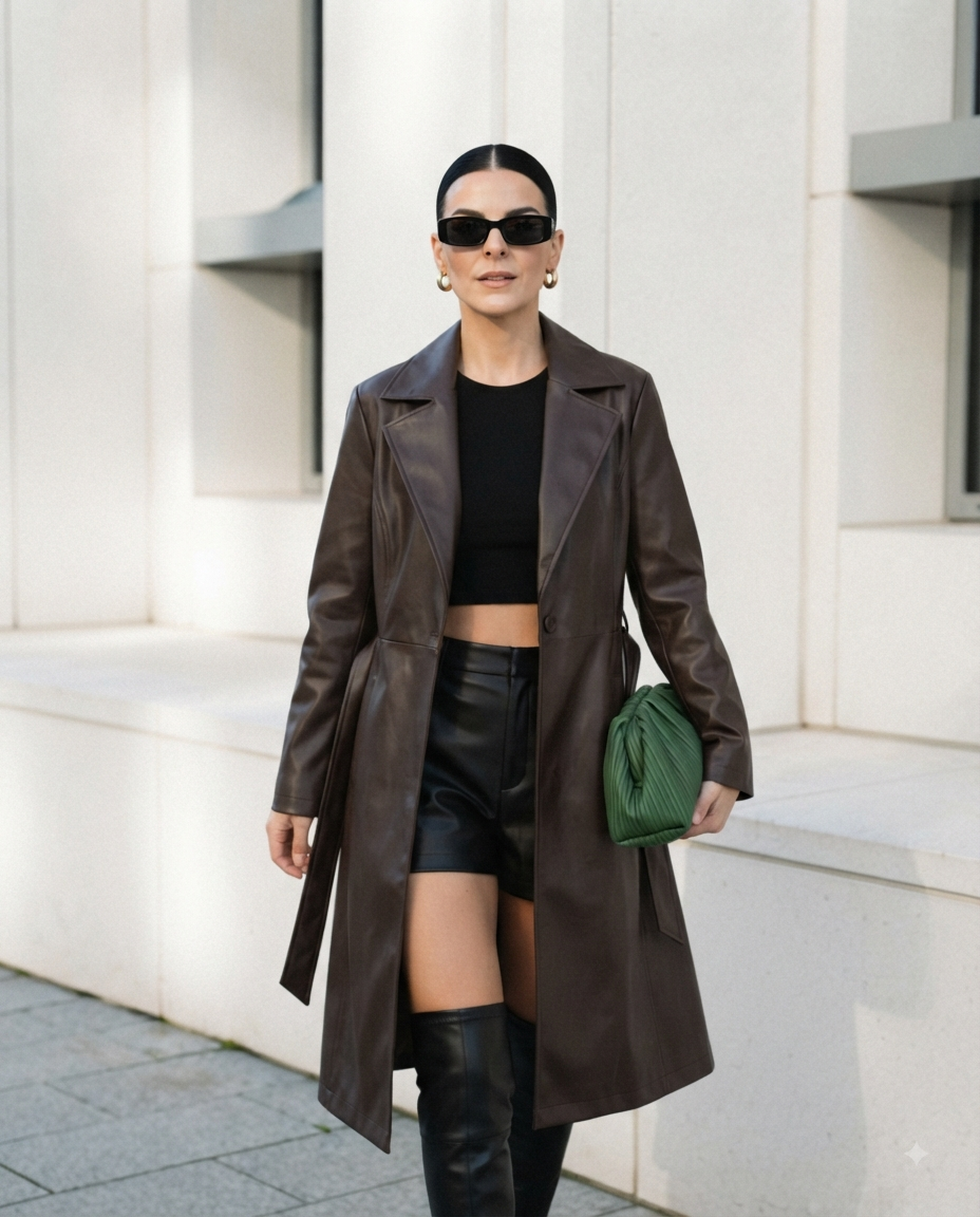 Trench Lungo Cinturato in Ecopelle - Cappotto Donna Vita Stretta con Cintura
