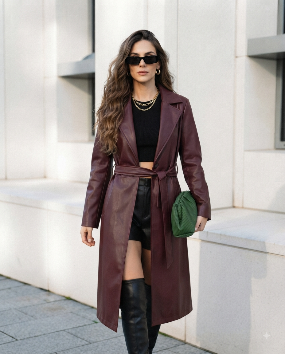 Trench Lungo Cinturato in Ecopelle - Cappotto Donna Vita Stretta con Cintura