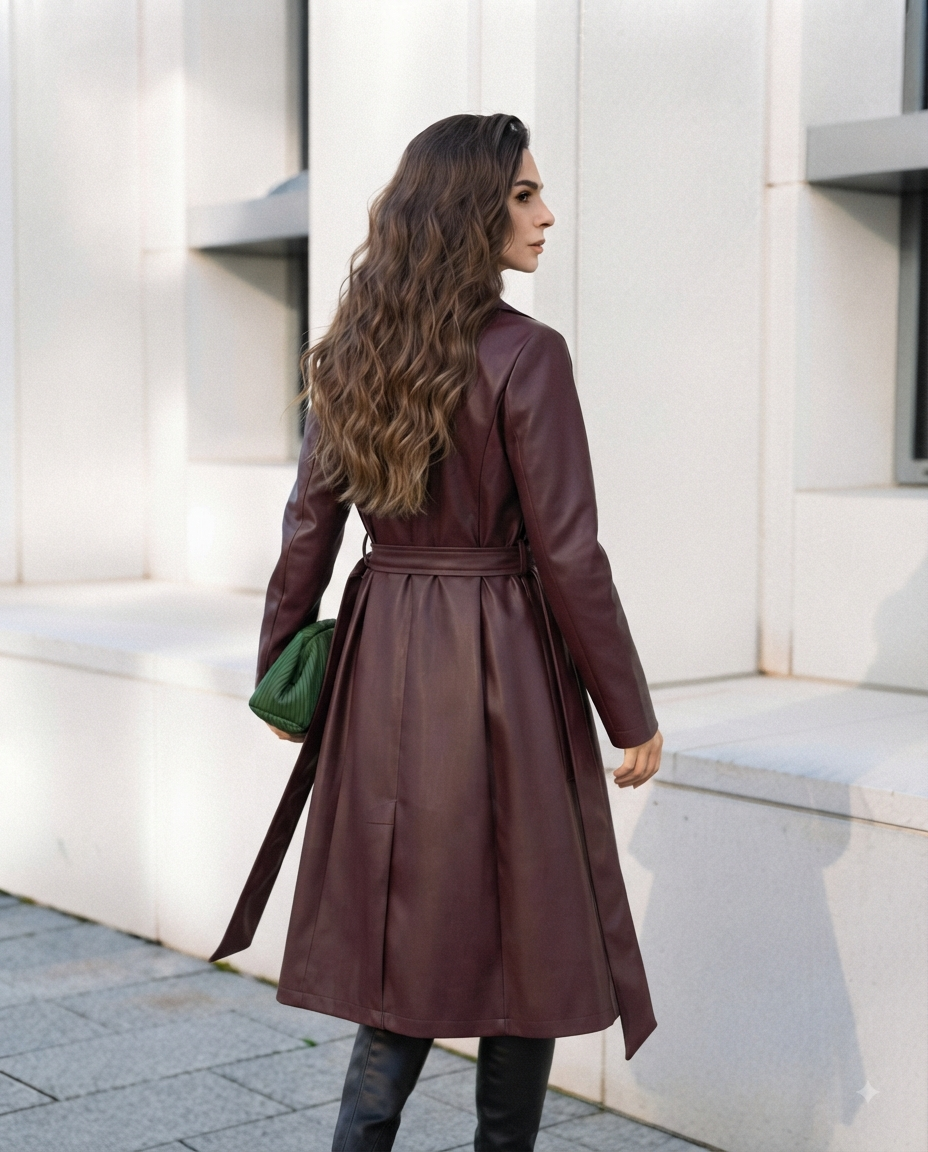 Trench Lungo Cinturato in Ecopelle - Cappotto Donna Vita Stretta con Cintura