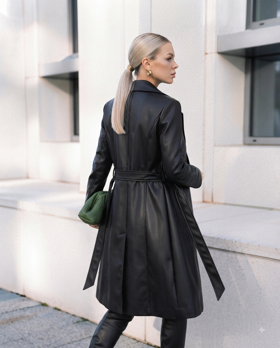 Trench long ceinturé en similicuir - Manteau femme taille cintrée avec ceinture