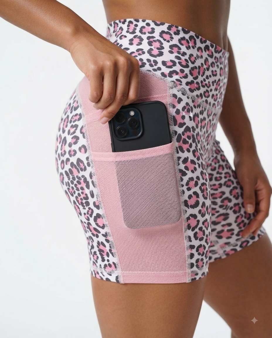 Figurbetonte High-Waist-Shorts mit Leopardenmuster und Taschen