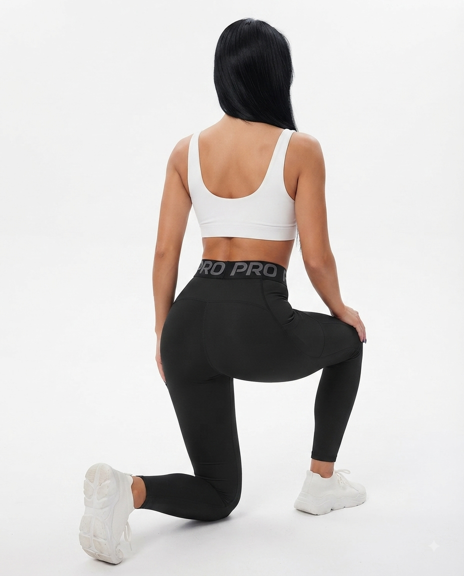 Legging de sport taille haute pour femme avec inscription à la taille, effet push-up et poches latérales