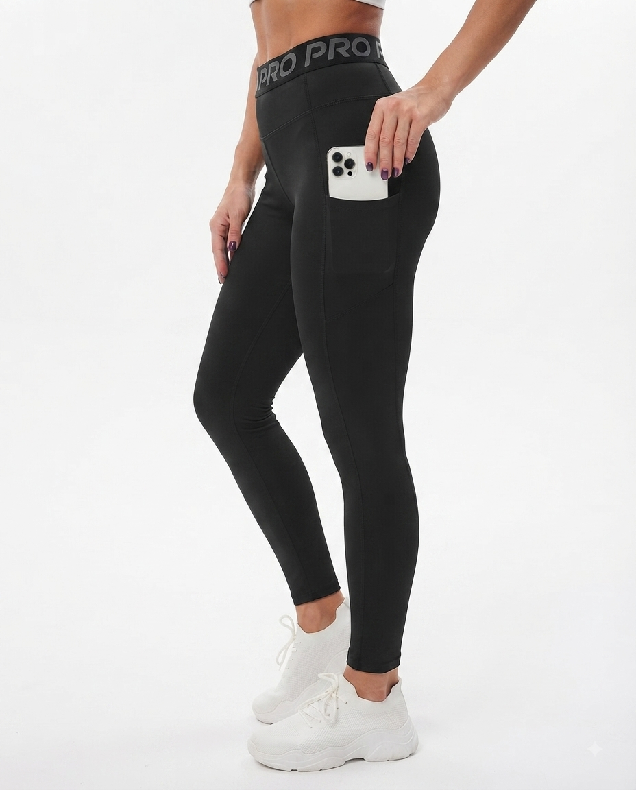 Legging de sport taille haute pour femme avec inscription à la taille, effet push-up et poches latérales