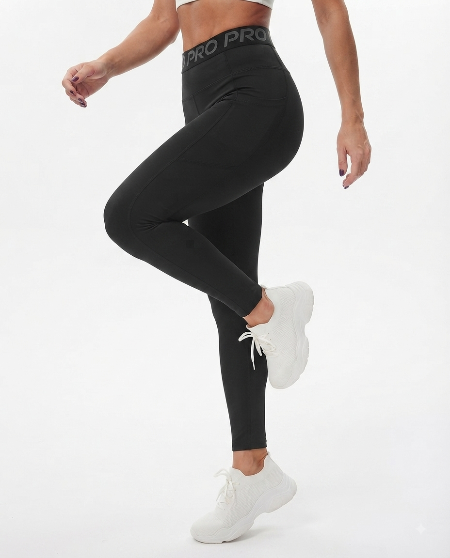 Legging de sport taille haute pour femme avec inscription à la taille, effet push-up et poches latérales