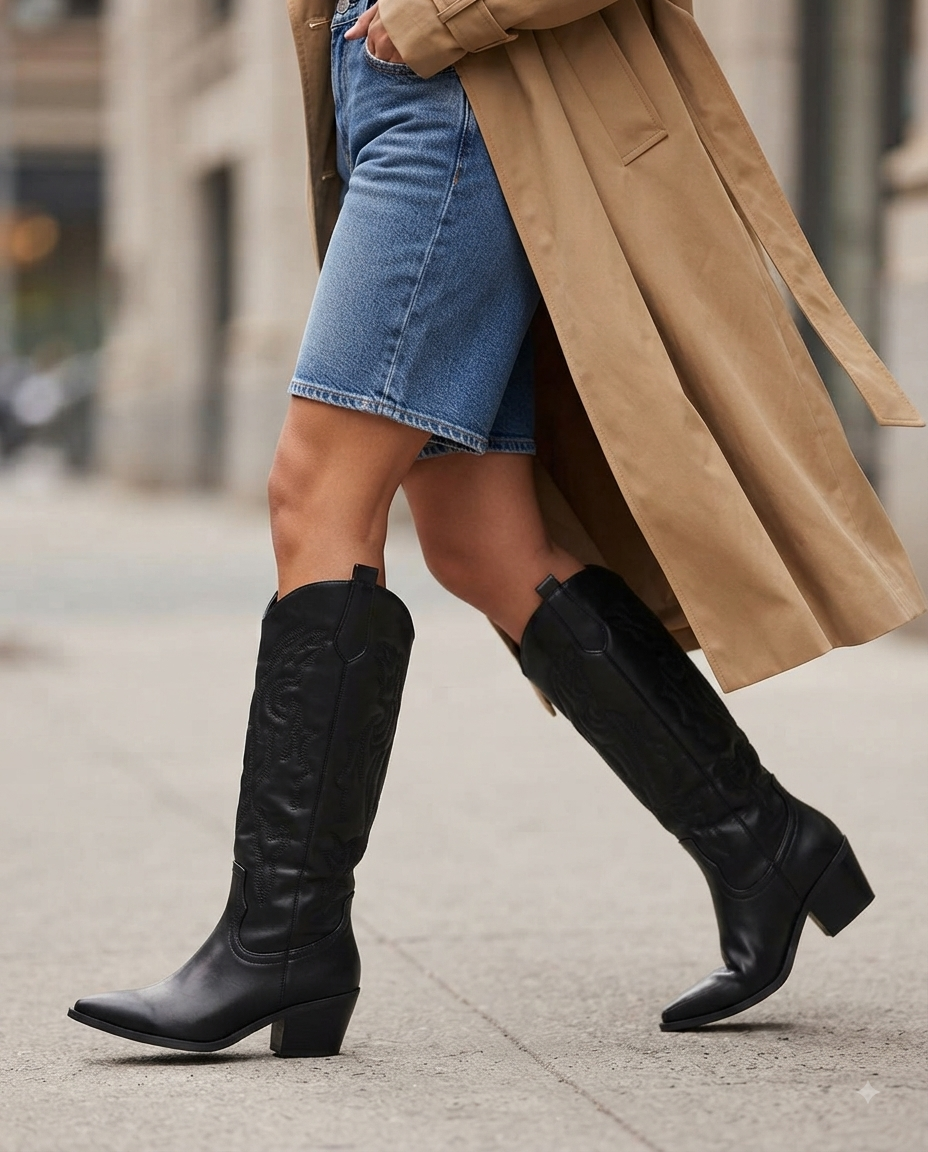 Knielange Stiefel im schwarzen Western-/Cowgirl-Vintage-Stil